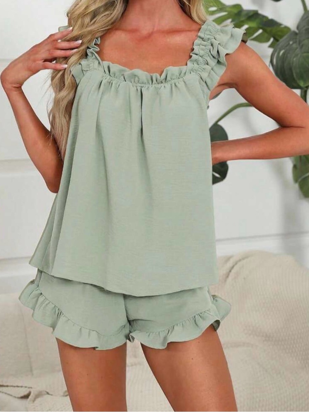 New Ruffled Tank & Shorts Pajama Set - Sage Green- size M
